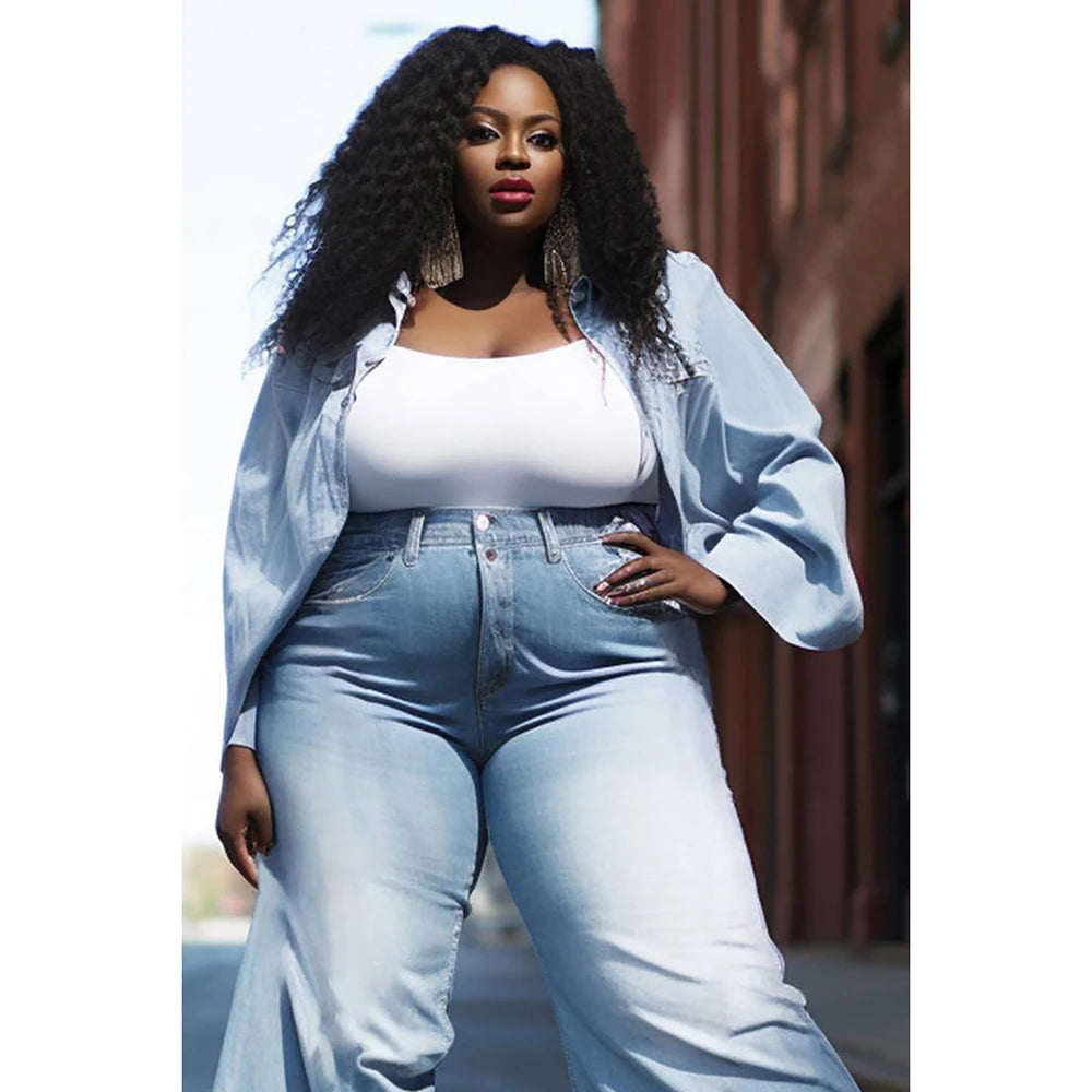 Plus Size Women'S Denim Suit Light Blue Spring And Summer Shirt Collar Long Sleeve Denim Fashion Tops And Bottoms Two-Piece Suit