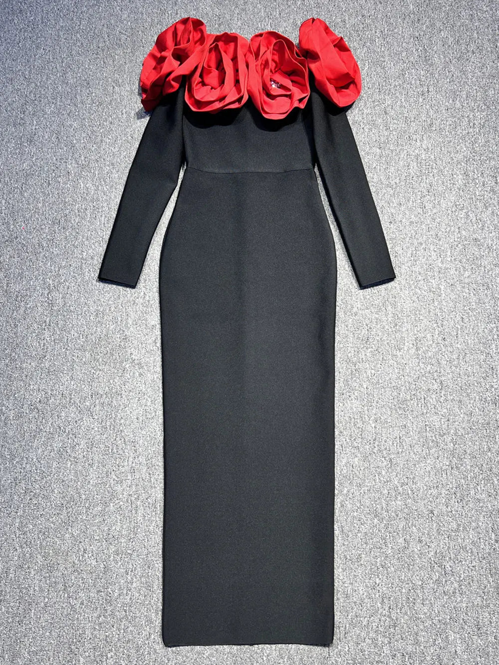 2025 Sexy Women's 3D Red Large Flower Design Bandage Dress with One Collar Card Sleeve Bodycon Long Dress Evening Party Vestidos black