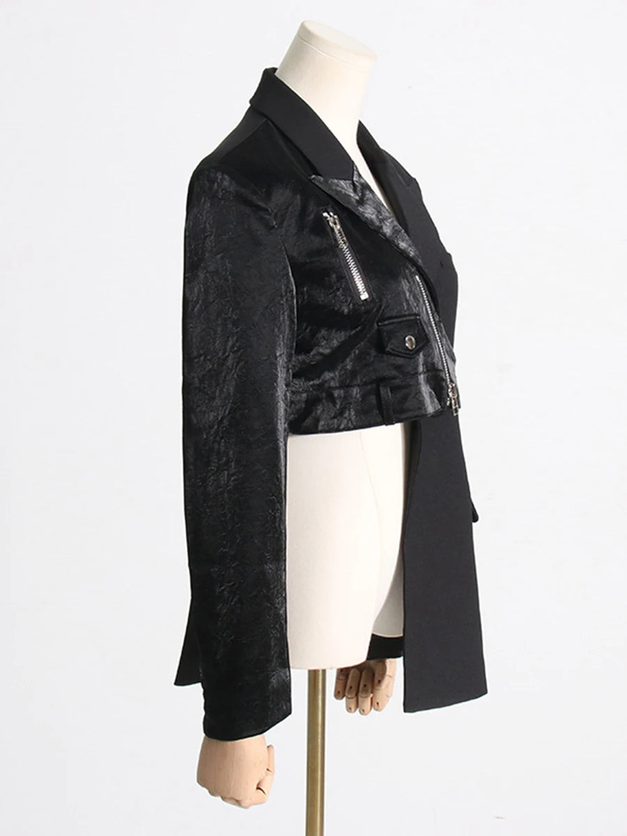 Solid Spliced Zipper Irregular Jackets for Women Lapel Long Sleeves Patchwork Pockets Fshion Jacket Female Clothing