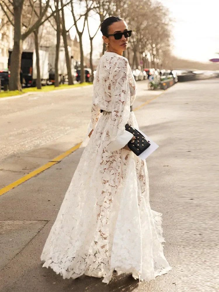 Spring Solid Lace Hollow Out Maxi Dress Women Fashion Lapel Long Sleeves Slim Dresses Elegant Female Party Club Robes WHITE