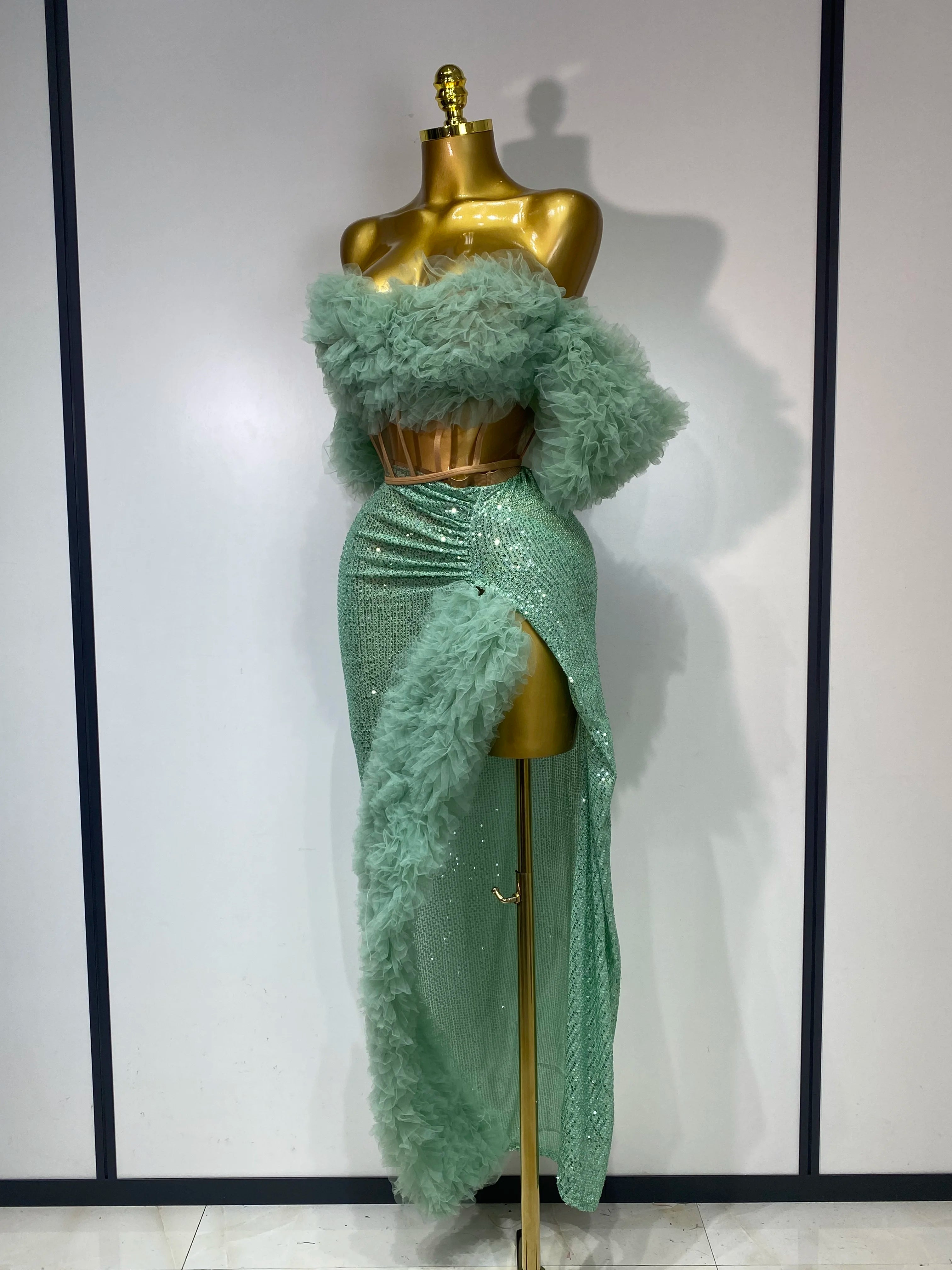 Women Sexy Sparkly Sequins Top Long Skirt Two Pieces Set Festival Celebrate Evening Party Luxury Birthday Nightclub Stage Outfit