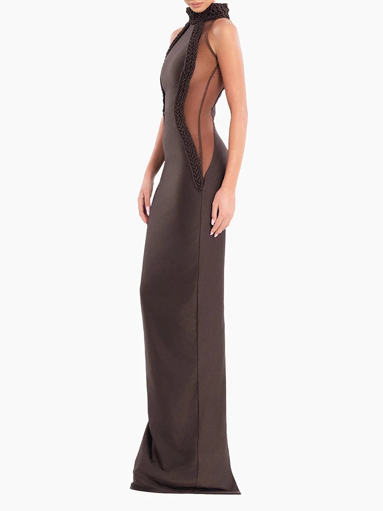 Chic Brown Sheer Side Mesh-Paneled Sleeveless Maxi Dress with Braided Details for Party Evening Gown