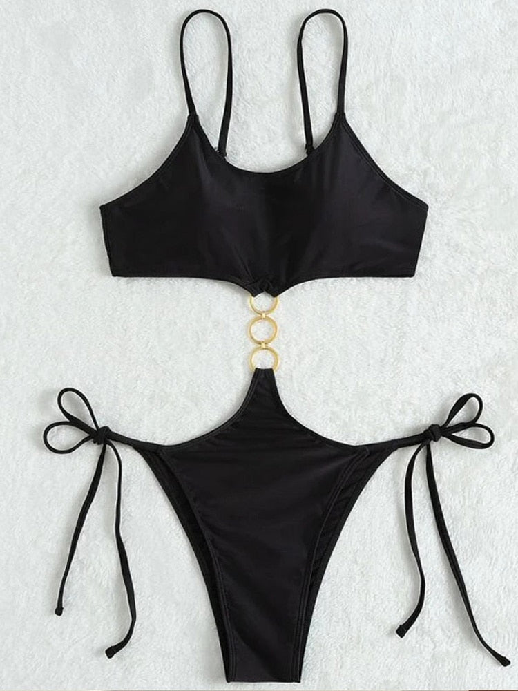 Sexy Black Strapped Swimwear - High Cut Push UP One Piece Swimsuit Monokini Backless Hollow Bathing Suit