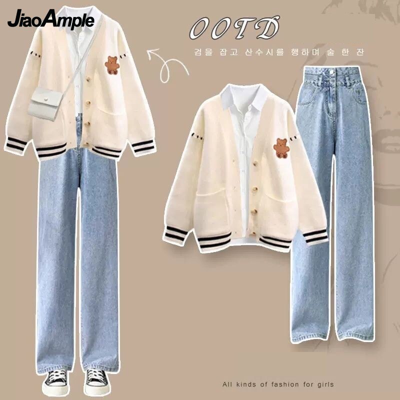 Women's Autumn Winter Loose Sweater Coat+Shirt+Jeans Three Piece 2024 New Matching Set Korean Elegant Cardigan Denim Pants Suit