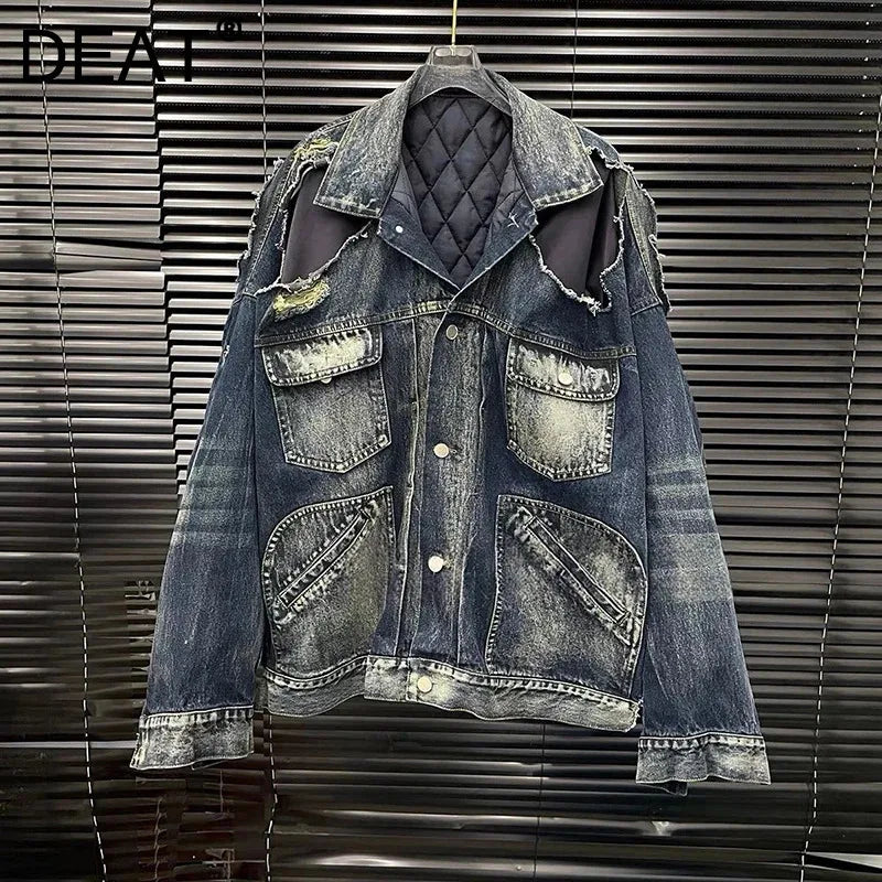 Autumn Winter New Distressed Layered Design Irregular Quilted Denim Coat For Women Streetwear Style Jacket 11A07891