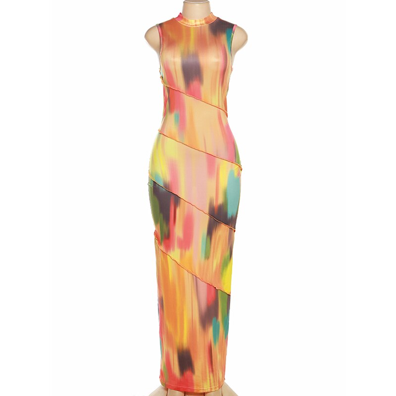 Women Halter Aesthetic Colorful Tie Dry Maxi Dress Hipster Striped Patchwork sleeveless Straight Robe Female Streetwear