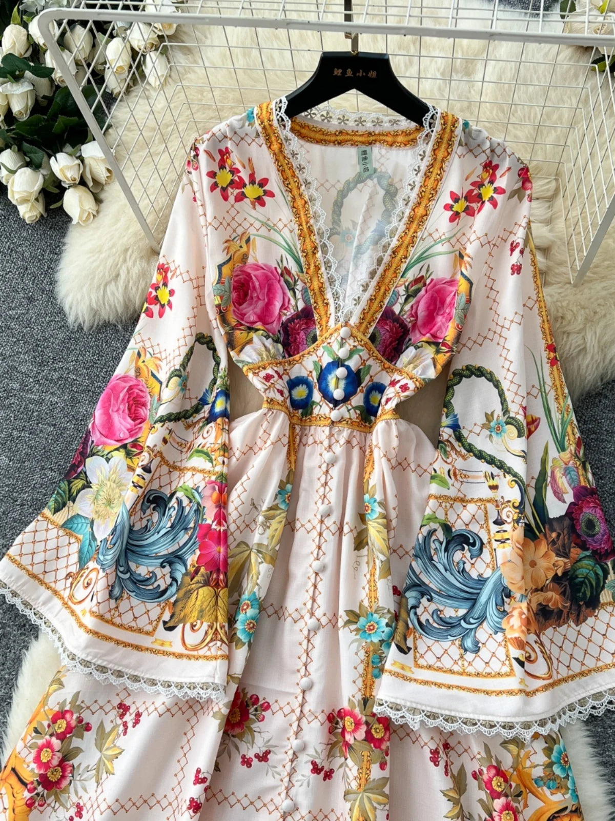 Elegant Floral Long Maxi Dresses Shirt Women Lantern Full Sleeve National Trench Print Single Breasted Lace Neck Party Vestidos