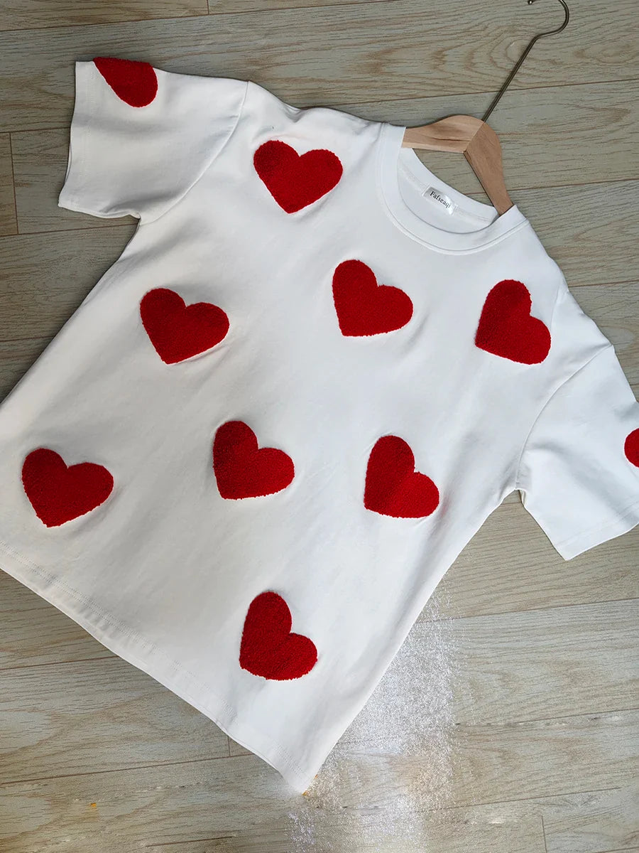 White 100% Cotton T-shirt for Women Summer Loose Oversized T-shirt with Heart Embroidery O-neck Pullovers Short Sleeve Tops