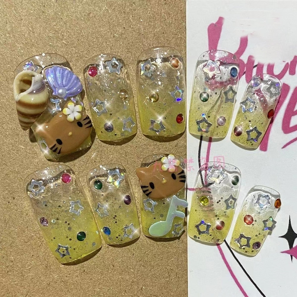 Été plage voyage vacances Hello Kitty conque ongles fille bleu jeunesse travail manuel personnalisable faux ongles fille soeur cadeau