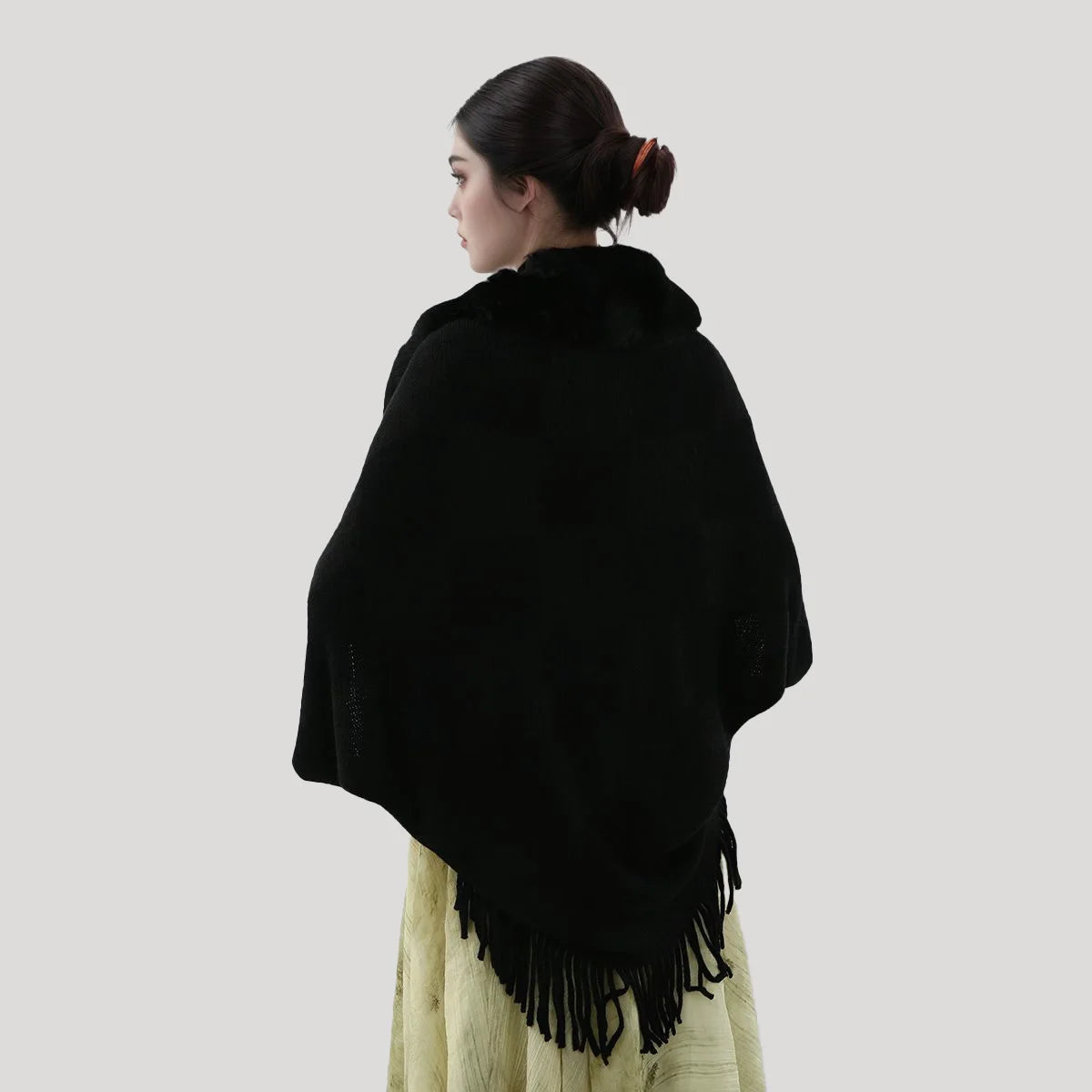 Fashion Faux Fur Collar Plush Shawl Knit Plaid Cardigan Cape Cloak Warm Thicken Shawl Autumn Winter Women Sweater Jacket Coat