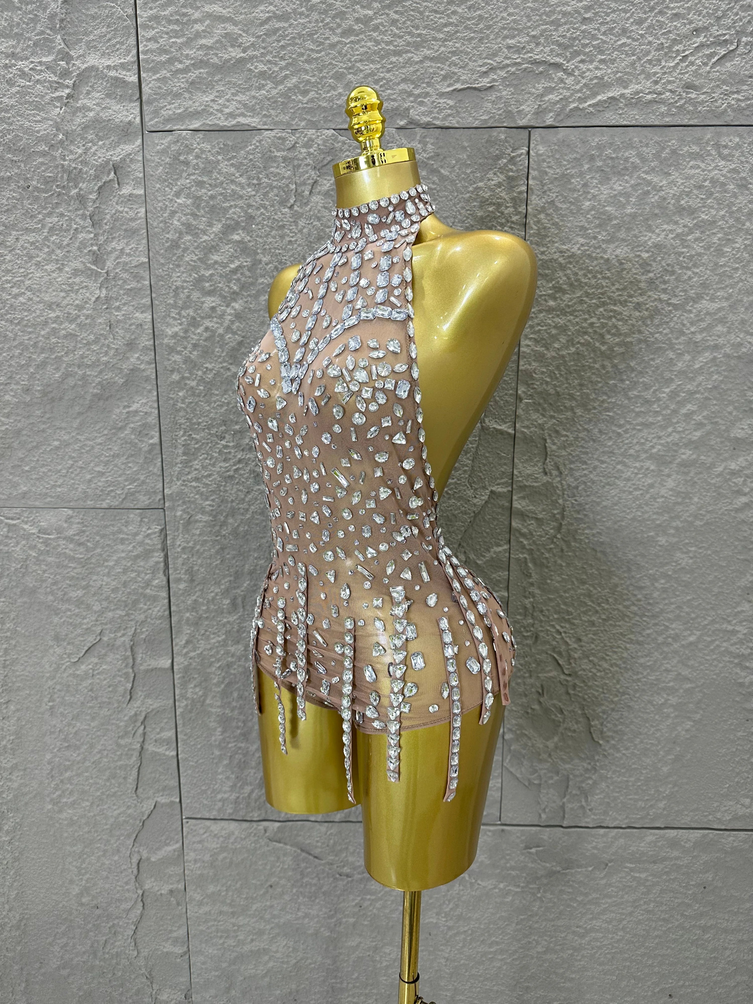 Pink Nude Sleeveless Bodysuit Women Sheer Mesh Crystal Rhinestone Embellished Formal Event Performance Costume