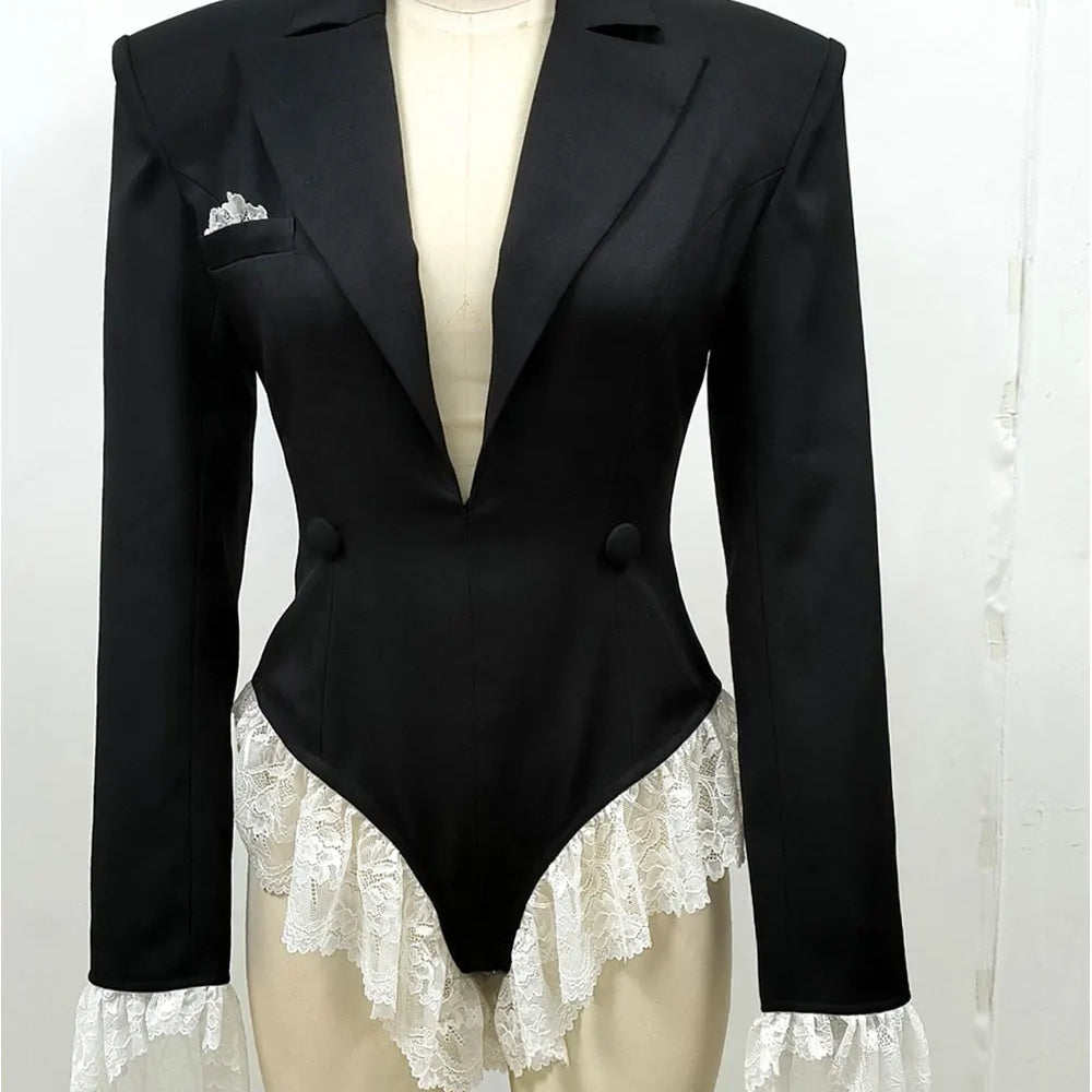 2024 Sexy Women'S Pullover Suit Jumpsuit Lapel Long Sleeved White Lace Design Slim Fit Suit Jacket Cocktail Evening Party Jacket black
