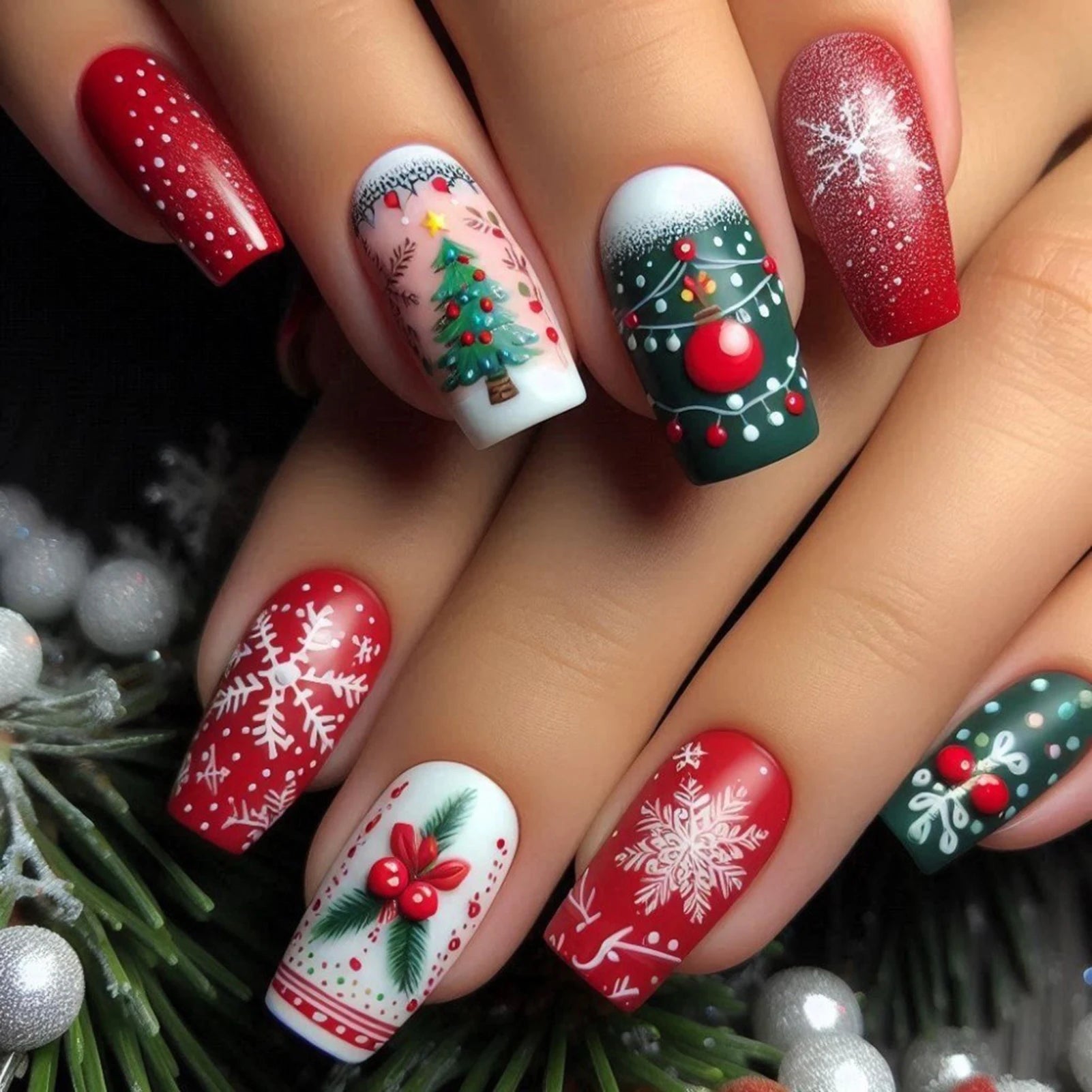 Christmas Fake Nails 24Pcs Medium-length Squre Press On Nails Xmas Tree/Snowflake Printed Women Girls Charm Manicure Nails Art As show