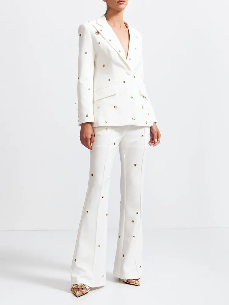 Casual Hollow Out Two Piece Sets For Women Notched Collar Long Sleeve Blazer High Waist Pant Loose Set Female Style