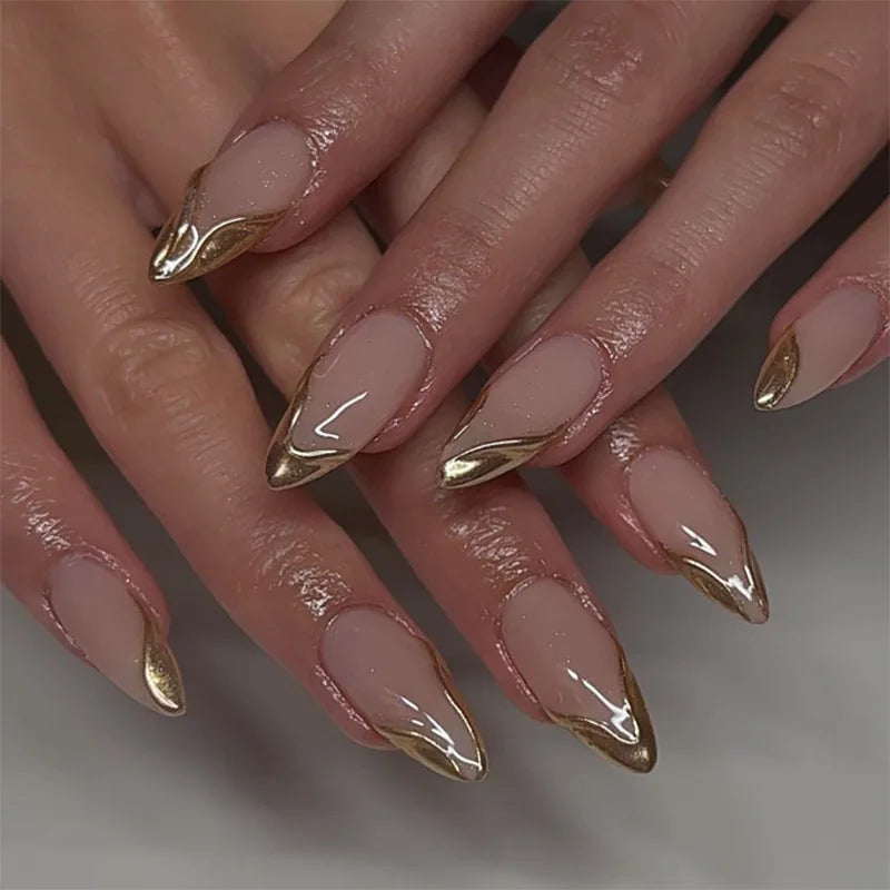 24Pcs French Retro Red Nail Art Full Cover Irregular Gilded Minimalism Press on Fake Nails Detachable Mid-length Almond Manicure 2