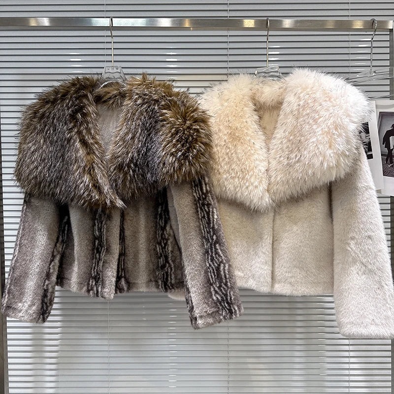 Winter New Fashion Big Fur Collar Faux Fur Short Coat For Women Versatile High Quality Thicken Jacket Female 11A07809