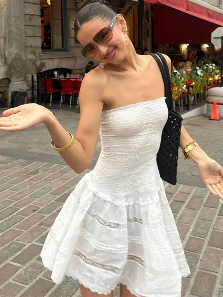 Off-shoulder Strapless A-line Sexy Mini Dress For Women Fashion Lace Sleeveless Backless High Waist Club Party Dress