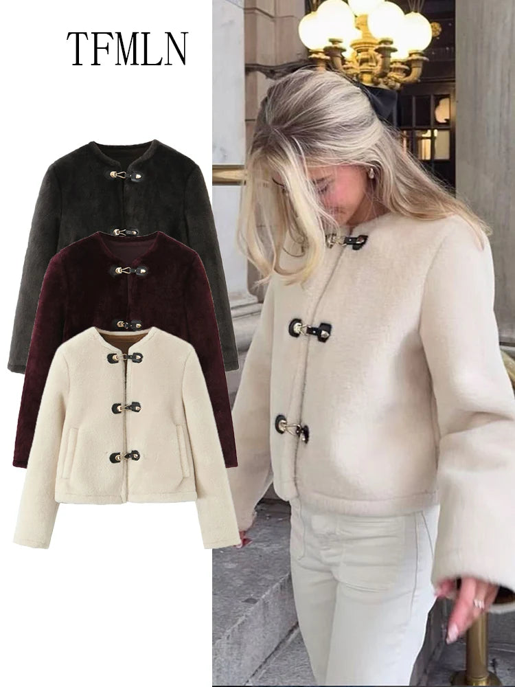 Street Women Causal Faux Fur Jackets 2025 Autumn Winter Fashion O-neck Single Breasted Loose Coats Vintage Warm Chic Outwear