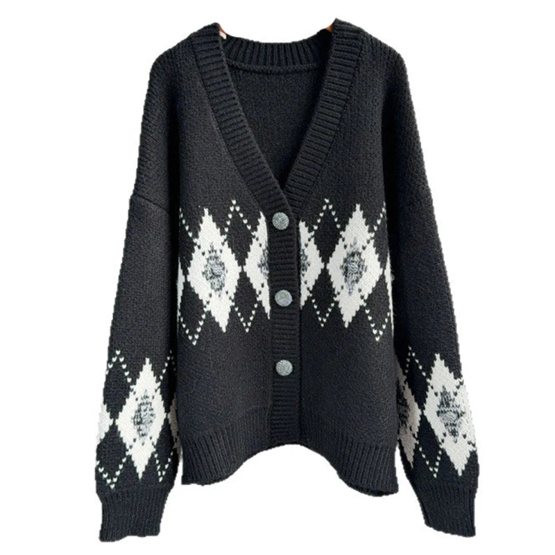 Winter Fashion Contrast Color Jacquard V-Neck Knitted Cardigan For Women Loose Lazy Style Soft Sweater Coat 11A07544