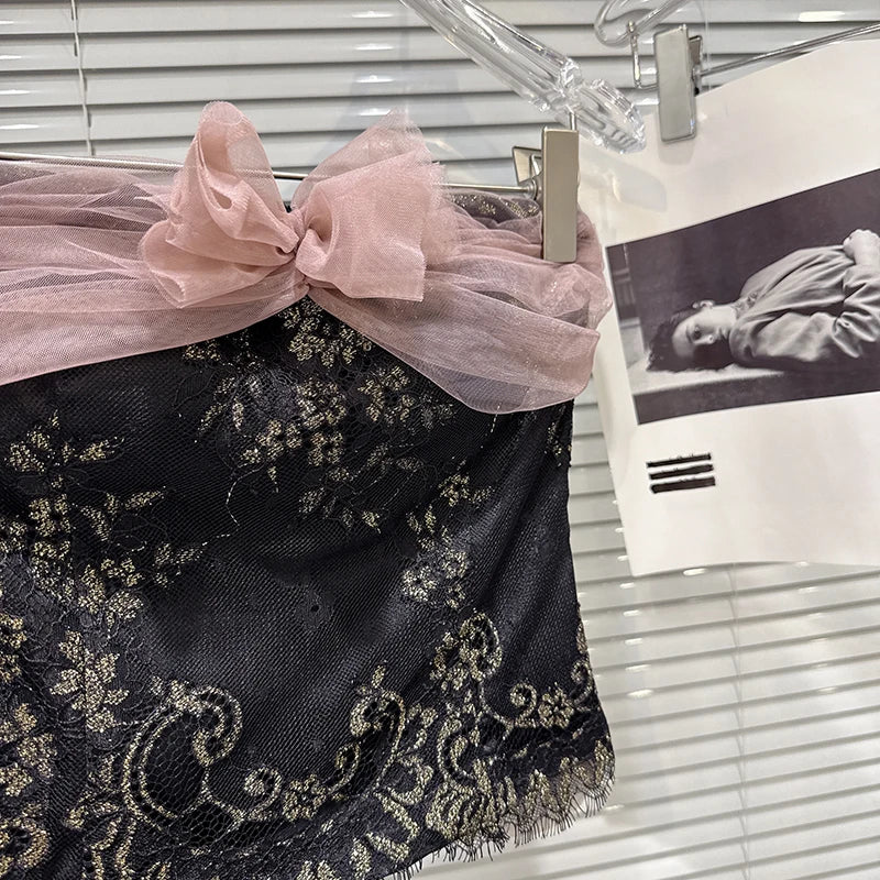 Winter New Fashion Chiffon Bowknot Patchwork Design Fishbone Strapless Vest For Women Backless Tank Tops 11A07939