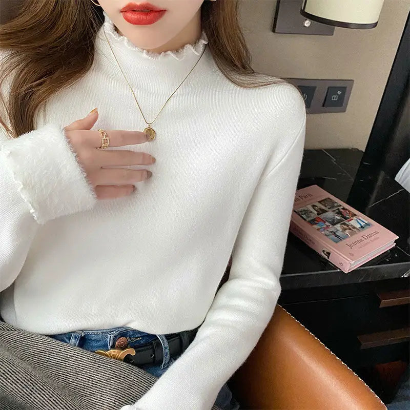 Autumn Winter Sweater Women's Velvet Half Turtleneck Bottoming Shirt Inner Plus Velvet Thick Top Thermal Women Clothes WHITE