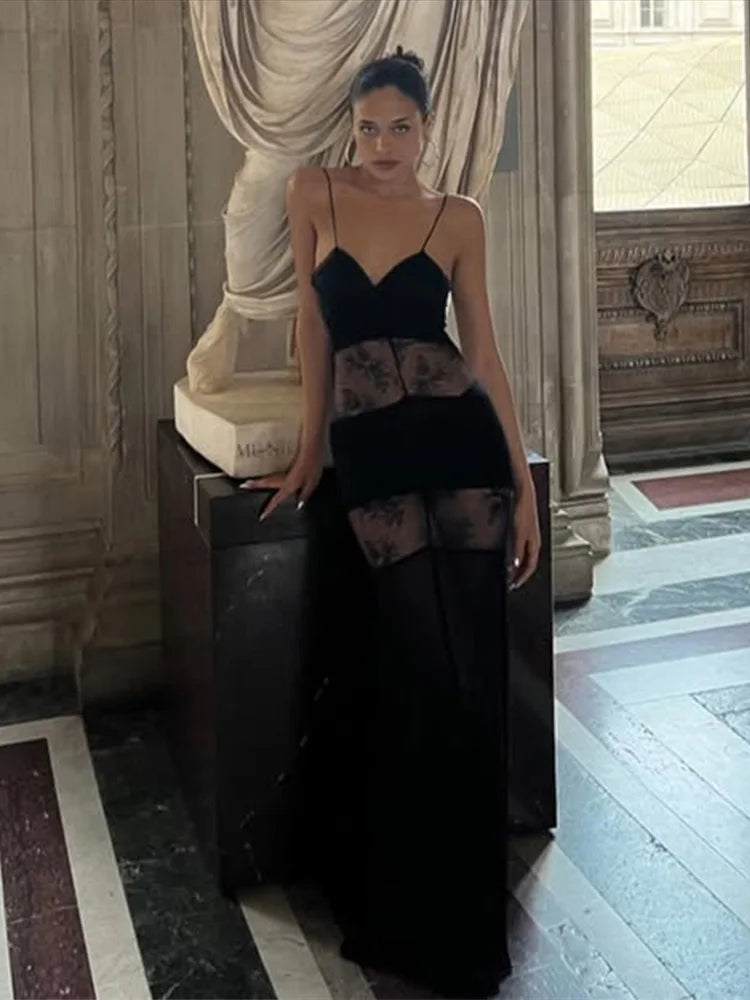 Lace See Through Sling Maxi Dress Women Sexy Slim Black Backless Sleeveless Long Dresses Female Summer Chic Party Evening Robes