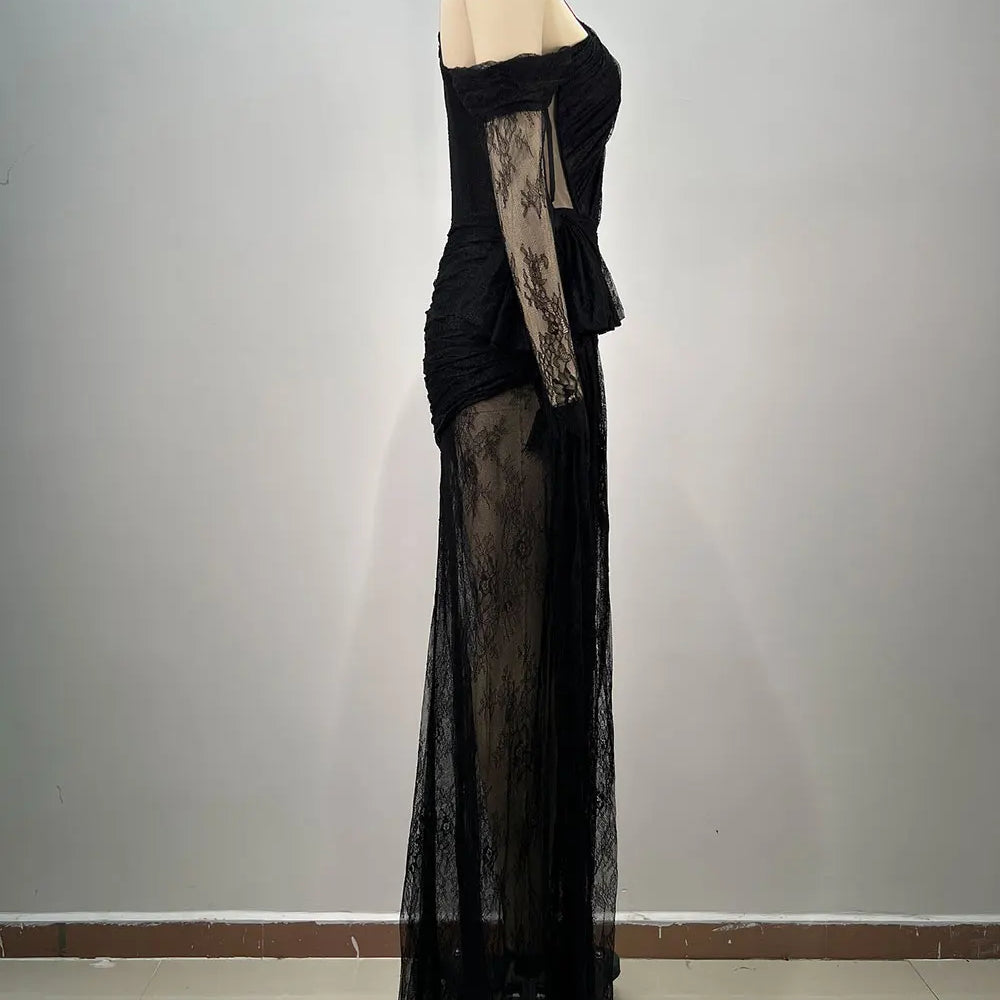 2025 Women's Light Luxury Lace Maxi Dress Diagonal Collar Lace Long Sleeve Bodycon Draped Split Sexy Long Dresses Party Vestidos