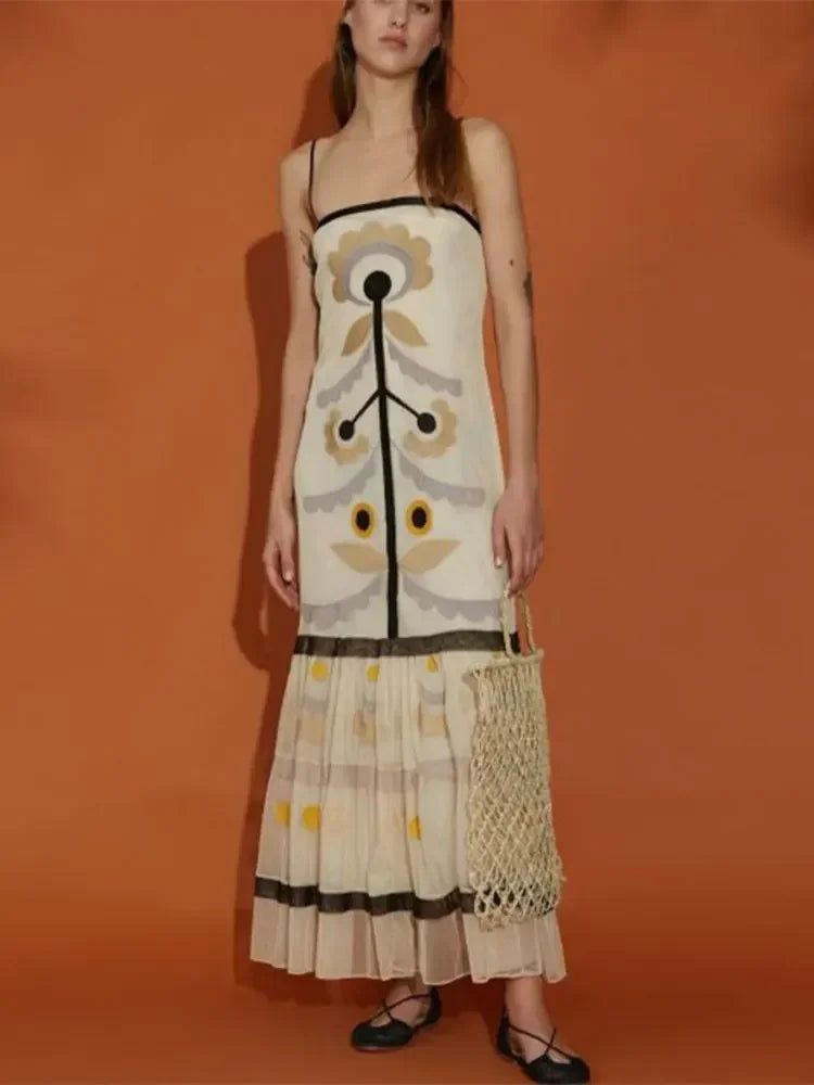 Elegant Print Mesh Ruffles Long Dress For Women Chic Spaghetti Strap Sleeveless Backless Vestidos Lady Holiday Party Robe Khaki