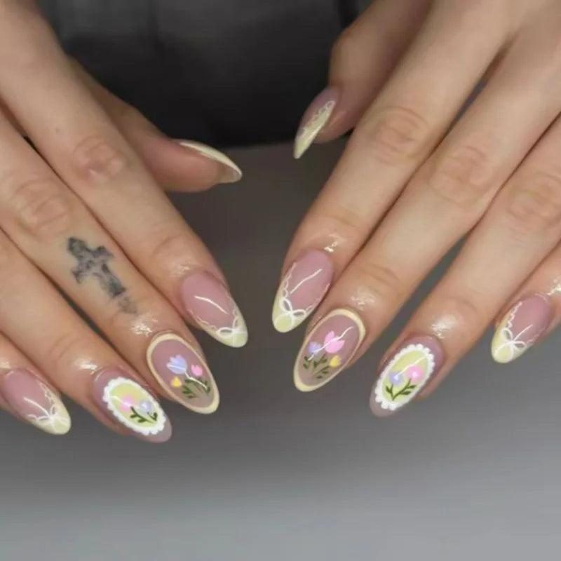 24Pcs Green French Press on Fake Nails with Almond Head Design 3D Flower Full Cover Nail Art Tips Short Round Head False Nails 1938