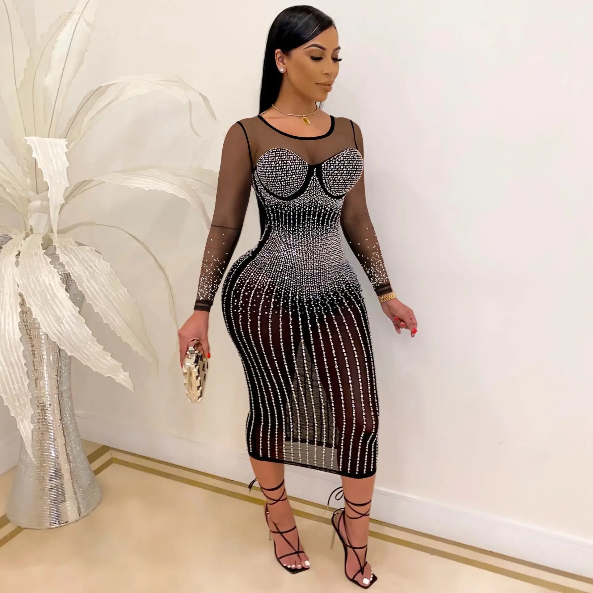 Mesh See Though Hot Rhinestones Plunging V-neck Midi Bodycon Dress Women Sexy Club Party Dresses Pencil Vestidos black full sleeve