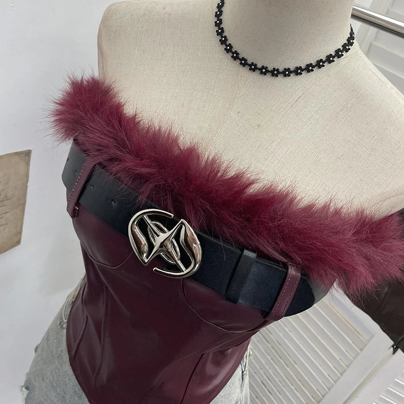 Winter New Fashion Furry Patchwork PU Leather Belt Tank Top Vest For Women Chest Pads Backless Short Tops 11A07915