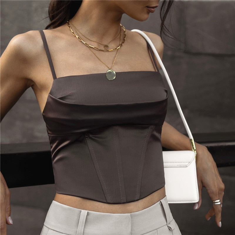 Xeemilo Spaghetti Strap Tank Top Sexy Backless Bandage Skinny Crop Tops 2024 Summer Elegant Lace Up Party Streetwear Women Camis Dark Brown