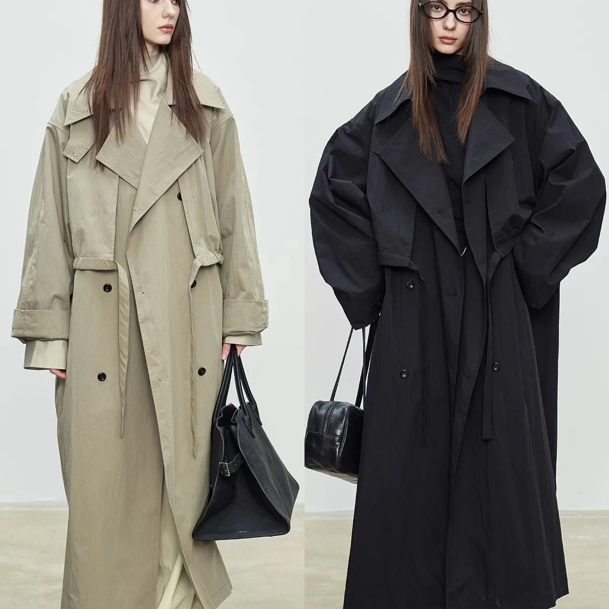 Lautaro Spring Autumn Oversized Khaki Long Trench Coat for Women Double Breasted Loose Casual European Fashion Overcoat 2025