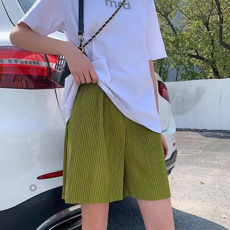 Pleated Solid Women Set Long Sleeve Shirts and Straight Wide Leg Pants Suits Tracksuit Two Piece Set Fitness Outfits green short