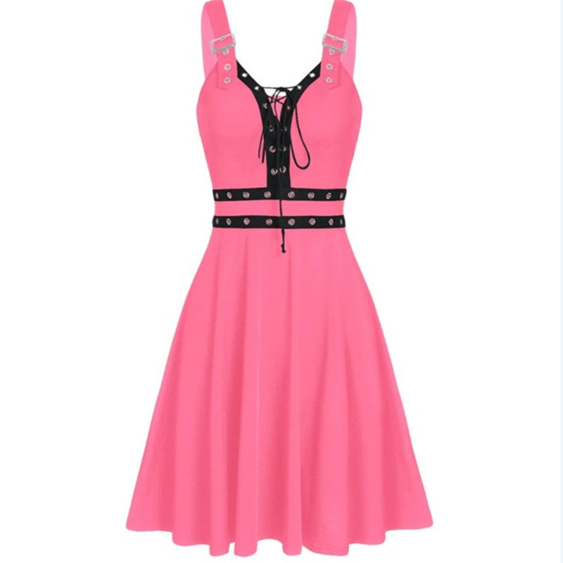 Femmes Mini robes gothique noir Sexy col en V profond automne Punk sans manches Rivet mode tunique Hip Hop pansement robe féminine