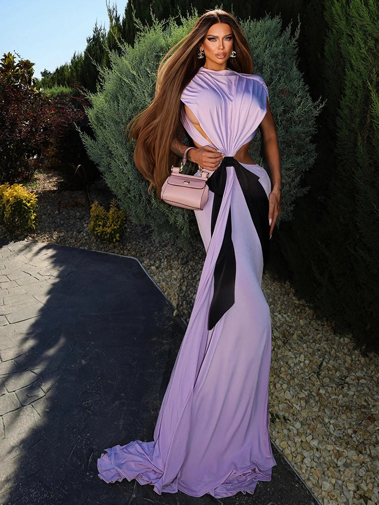 Stylish Chic White Halter Sleeveless Backless Cutout with Bow Detail Maxi Dress Evening Gown