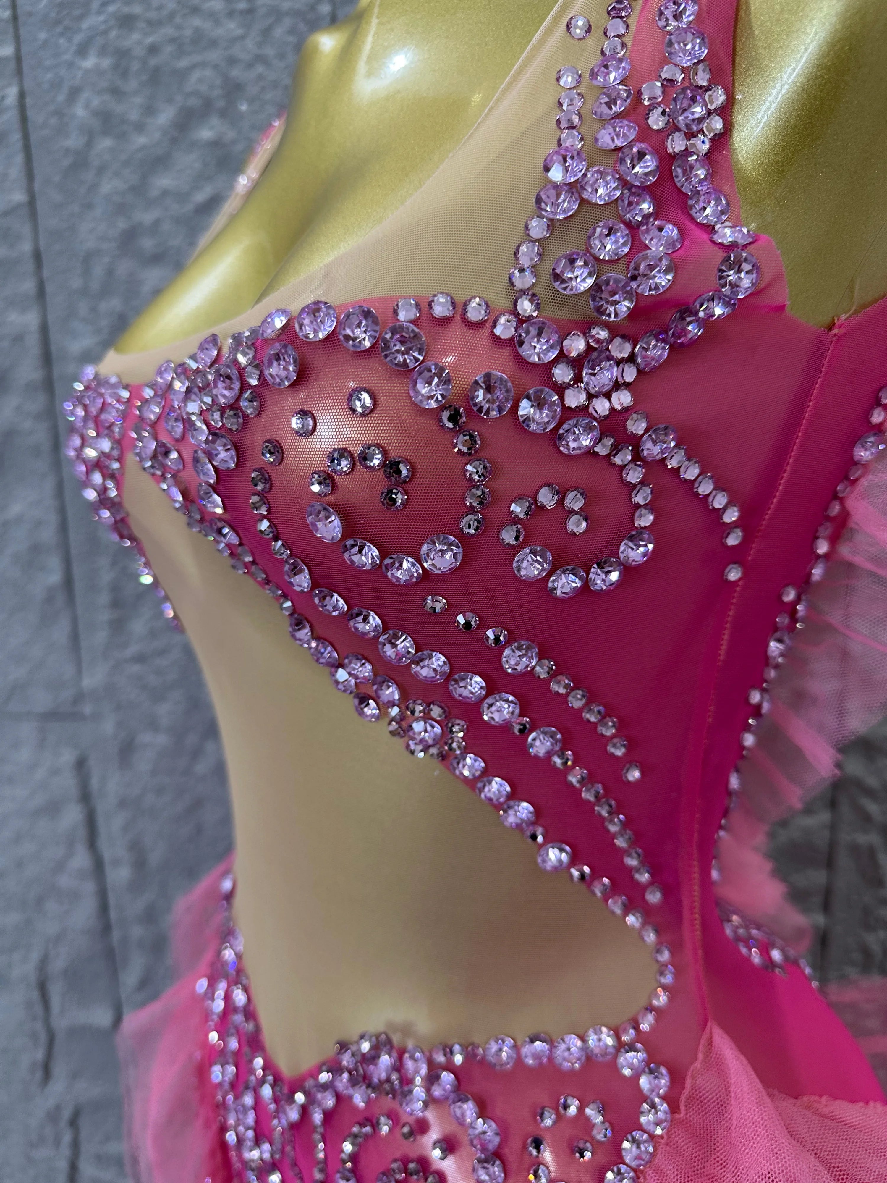 Women Sheer Mesh Rhinestone Ruffle Embellished Latin Dance Performance Costume Elegant Pink Spaghetti Strap Mini Dress
