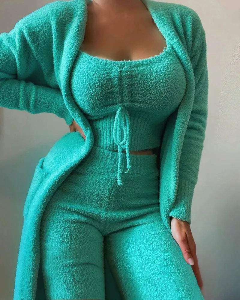 CM.YAYA 3-Piece Women Sets Plush Velvet Pajama Sleepwear Tank Tops + Pants + Cardigan Coat Tracksuit Loungewear Causal Outfits green