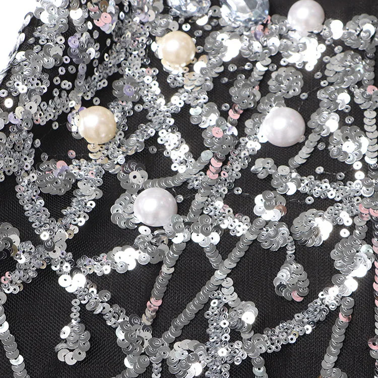 Patchwork Sequins Temperament Dress For Women Lapel Long Sleeve High Waist Spliced Pearls Mini Dresses Female New