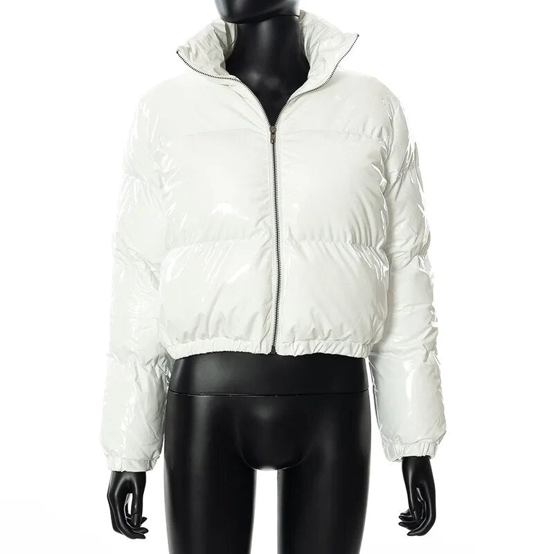 Winter New Women's Fashion Solid Color Zipper Bright Surface Warm Cotton-padded Jacket Top White