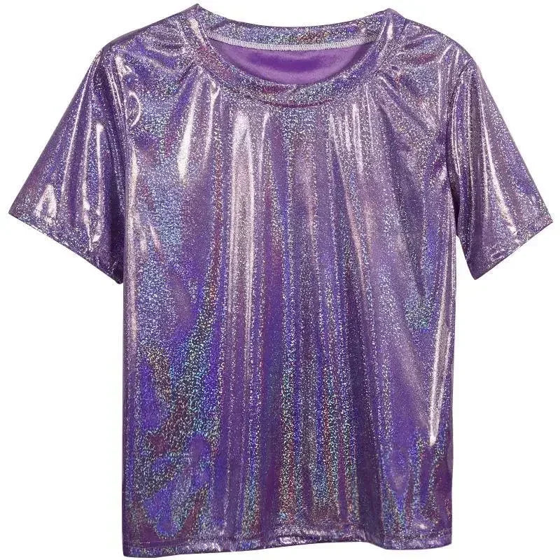 S-5XL Womens Sparkly Shiny Metallic Holographic Round Neck Short Sleeve Casual Loose Top Festival Party Tee Shirt Female Clothes