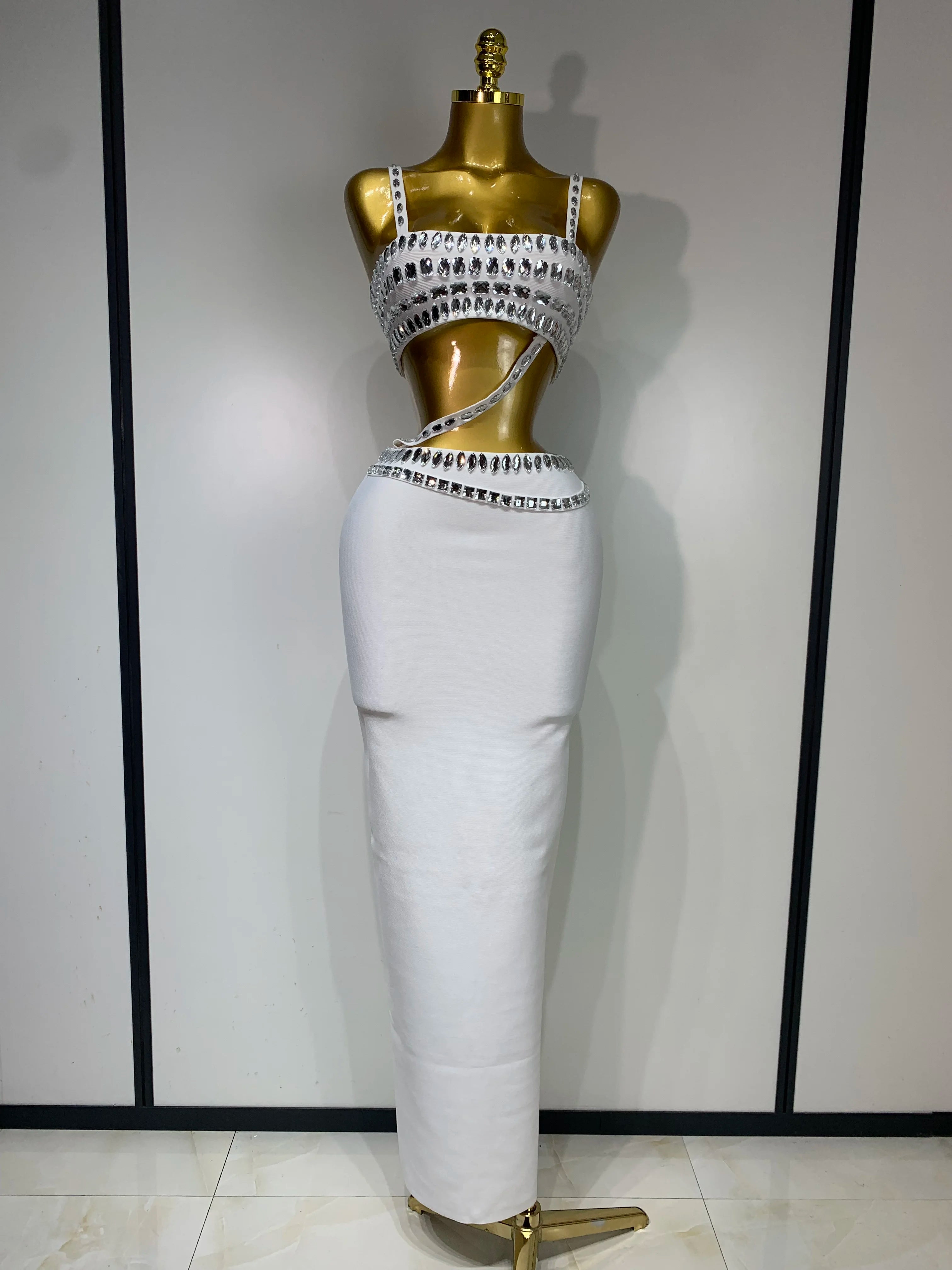 Sparkly Crystal Bodycon Long Dress 2025 Women Sexy Crop Top 2 Pieces Set Nightclub Elegant Party Performance Stage Costume bandage dress