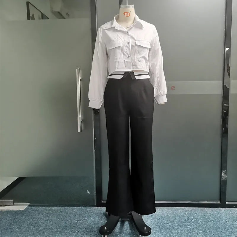 Women Two Piece Set Autumn Office Simple Solid Lapel Long Lantern Sleeve Single Breasted Button Shirt Top Loose Pants Set