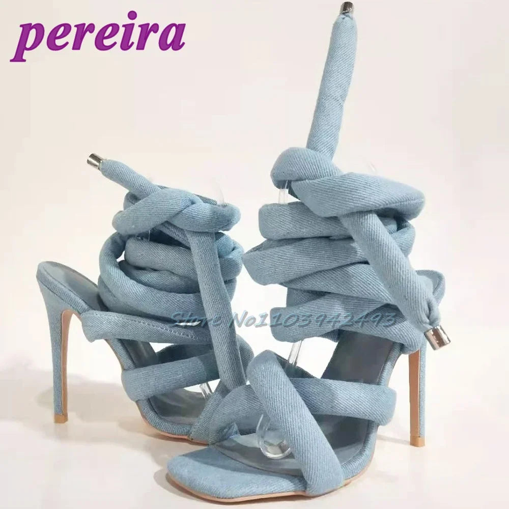 Silver Gladiator Heels Square Toe Ankle Strap Heeled Sandals Roman Style Stiletto Designer Women Shoes Summer Sandalias De Mujer Light Blue