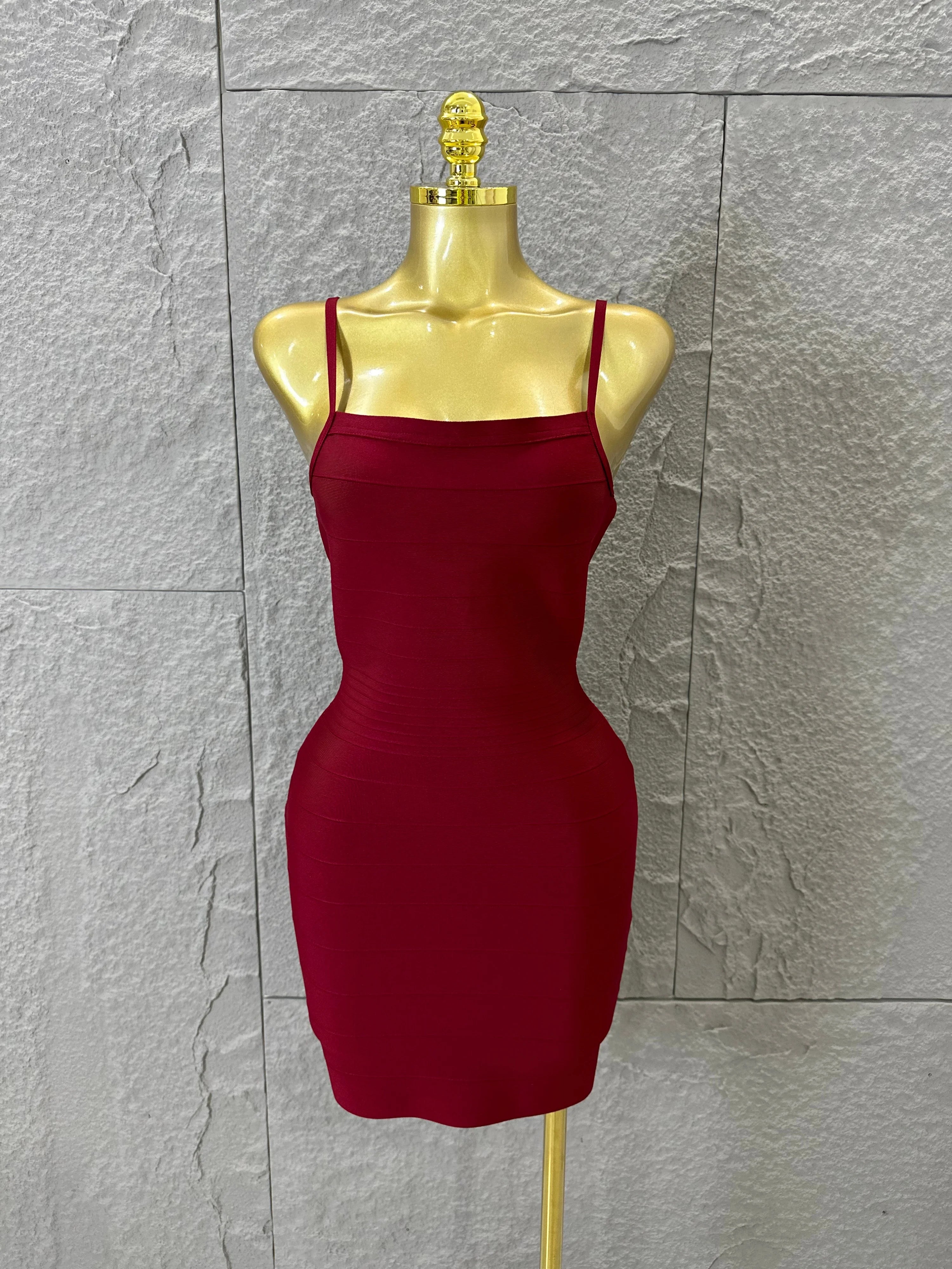 Chic Burgundy Bandage Mini Dress Women Spaghetti Strap Square Neck Bodycon Formal Event Casual Wear Costume
