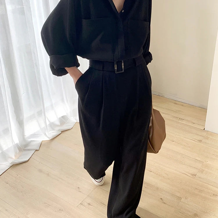 Lautaro Spring Autumn Beige Long Soft Flowy Stretchy Jumpsuit Women with Belt Black One Piece Shirt Jumpsuits for Women 2025