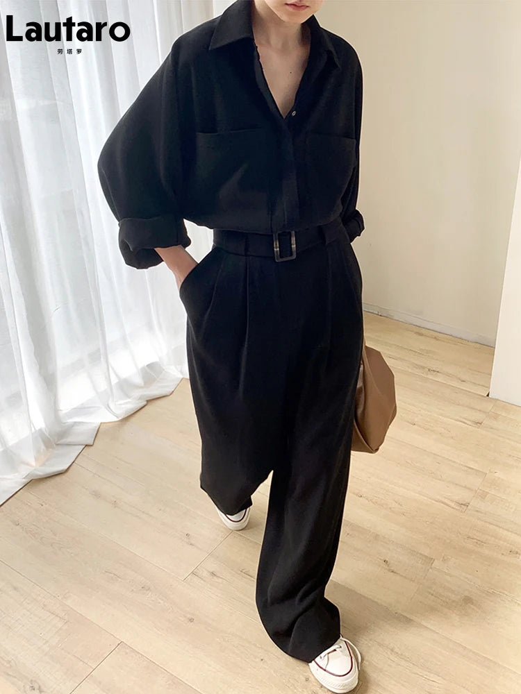 Lautaro Spring Autumn Beige Long Soft Flowy Stretchy Jumpsuit Women with Belt Black One Piece Shirt Jumpsuits for Women 2025