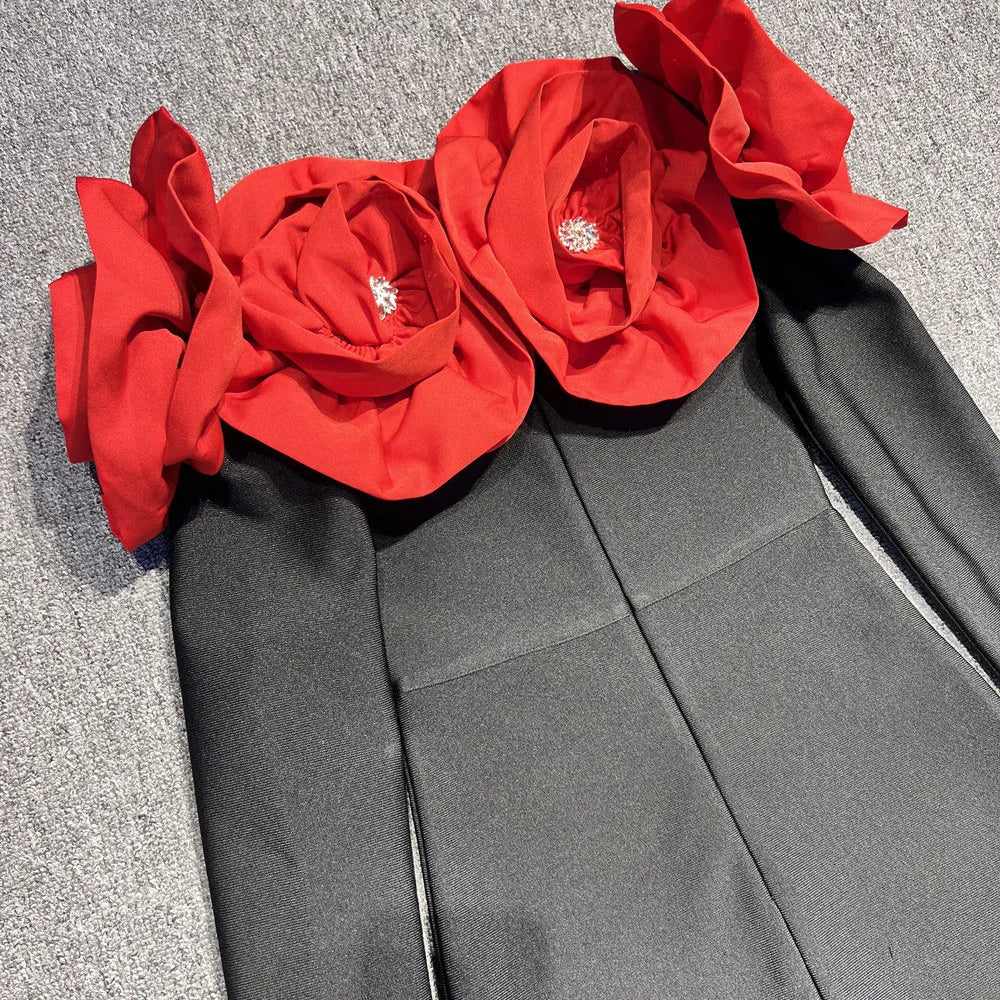 2025 Sexy Women's 3D Red Large Flower Design Bandage Dress with One Collar Card Sleeve Bodycon Long Dress Evening Party Vestidos