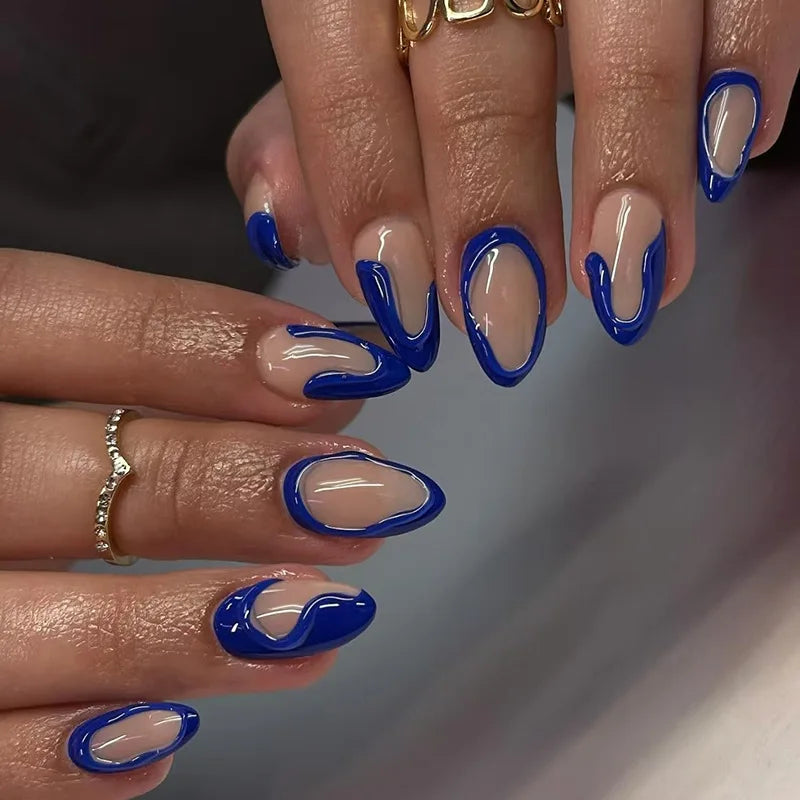 24Pcs Blue French Fake Nails Short Almond Nails Set Press on Wearable Wave Line Golden Star Design False Nails Manicure Tips 1980