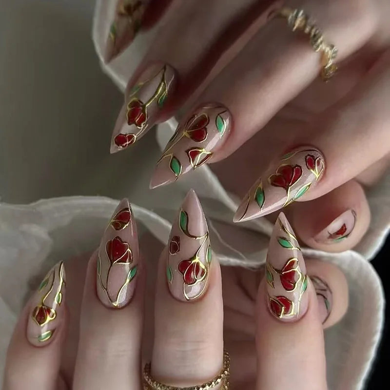 24Pcs Green Cat's Eye Design Press on False Nails with Flower Pattern Short Almond Round Head Nails Set Tips Wearable Fake Nail W1911